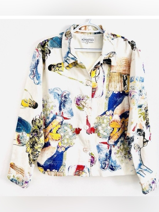 Kaktus Jackets & Blazers - KAKTUS Chagall Theme Print Button-Front Rayon and Linen Jacket